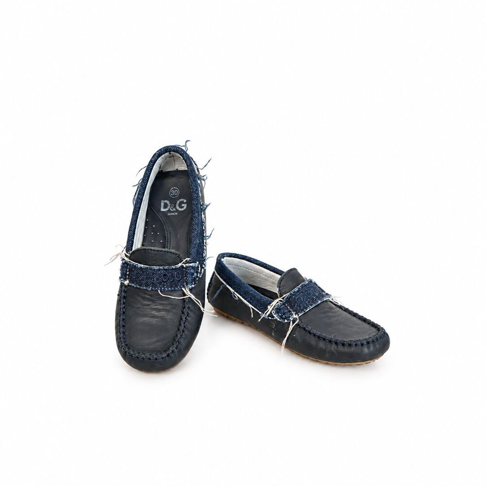 Dolce & Gabbana D&G Kids Navy Blue Leather Loafers Denim Slip On EU 30
